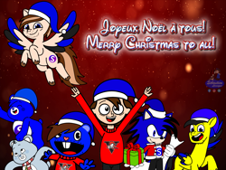 Size: 2048x1536 | Tagged: safe, artist:mrstheartist, artist:sebtheartist, imported from ponybooru, oc, oc only, oc:ponyseb, human, pegasus, care bears, christmas, digital art, happy tree friends, holiday, looking at you, male, open mouth, sonic the hedgehog (series), text