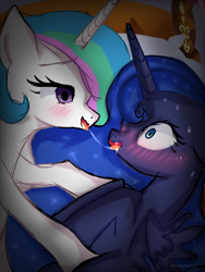 Size: 1536x2048 | Tagged: safe, artist:natzumicore, imported from twibooru, princess celestia, princess luna, alicorn, pony, blushing, female, french kiss, gay, image, incest, kissing, lesbian, lunestia (drug), male, mare, png, princest, shipping, siblings, sisterly love, sisters