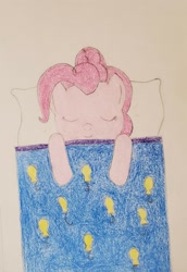 Size: 1871x2712 | Tagged: safe, artist:ceffyl-dŵr, pinkie pie, earth pony, pony, crayon drawing, pillow, sleeping, solo, traditional art