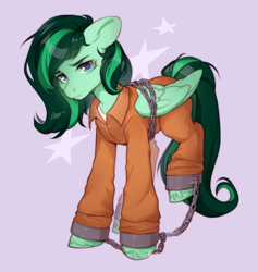 Size: 1739x1832 | Tagged: safe, artist:fedos, imported from derpibooru, oc, oc:eden shallowleaf, pony, bound wings, chained, chains, clothes, commissioner:rainbowdash69, cuffs, frustrated, jumpsuit, never doubt rainbowdash69's involvement, prison outfit, prisoner, shackles, shirt, undershirt, wings