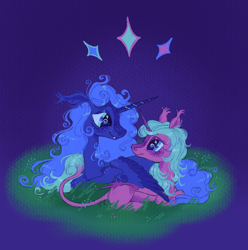 Size: 1280x1290 | Tagged: safe, artist:webkinzworldz, idw, imported from derpibooru, princess luna, radiant hope, alicorn, pony, alternate design, blushing, crack shipping, duo, fangs, female, lesbian, looking at each other, looking at someone, lunahope, lying down, lying in grass, shipping