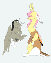 Size: 1185x1476 | Tagged: safe, artist:vilesmell, imported from derpibooru, discord, fluttershy, alicorn, draconequus, pony, blushing, discoshy, draconequified, female, flirting, flutterequus, male, ponified, pony discord, role reversal, shipping, species swap, straight