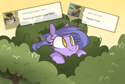 Size: 1280x854 | Tagged: safe, artist:lolepopenon, imported from derpibooru, oc, oc:billie, earth pony, pony, ask billie the kid, ask, hiding in bushes, solo