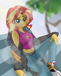Size: 6480x8040 | Tagged: safe, artist:emeraldblast63, artist:patanu, imported from derpibooru, sunset shimmer, human, equestria girls, absurd resolution, belly button, bench, blurry background, boots, clothes, converse, crepuscular rays, female, gloves, high res, jacket, looking at you, motorcross, pants, shoes, sitting, smiling, solo, tanktop