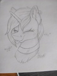 Size: 3456x4608 | Tagged: safe, artist:julunis14, imported from derpibooru, oc, oc only, oc:ion trail, pony, unicorn, :p, ear fluff, ear piercing, earring, female, giggling, happy, horn, jewelry, mare, no source available, piercing, signature, tongue out, traditional art, unicorn oc