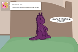 Size: 1280x854 | Tagged: safe, artist:lolepopenon, imported from derpibooru, ask billie the kid, ask, bed, no pony, plushie, solo, toy