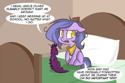 Size: 1280x854 | Tagged: safe, artist:lolepopenon, imported from derpibooru, oc, oc:billie, earth pony, pony, ask billie the kid, ask, bed, pillow, plushie, solo, teary eyes