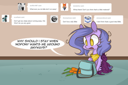 Size: 1280x854 | Tagged: safe, artist:lolepopenon, imported from derpibooru, oc, oc:billie, earth pony, pony, ask billie the kid, ask, bag, carrot, food, saddle bag, solo