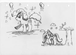 Size: 1280x930 | Tagged: safe, artist:derpydooreviews, imported from derpibooru, fluttershy, pinkie pie, butterfly, earth pony, pegasus, pony, balloon, cloud, confetti, duo, duo female, female, g4, grayscale, mare, monochrome, outdoors, raised hoof, smiling, sparkles, tail, traditional art