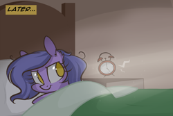 Size: 1280x854 | Tagged: safe, artist:lolepopenon, imported from derpibooru, oc, oc:billie, earth pony, pony, ask billie the kid, alarm clock, ask, bed, clock, in bed, solo