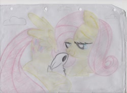 Size: 1280x930 | Tagged: safe, artist:derpydooreviews, imported from derpibooru, fluttershy, pegasus, pony, rabbit, animal, female, g4, lidded eyes, lying down, mare, prone, smiling, tail, traditional art, underhoof, wings