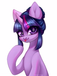 Size: 2456x3230 | Tagged: safe, artist:02vxmp, artist:minchyseok, imported from derpibooru, twilight sparkle, pony, unicorn, :p, alternate hairstyle, hair bun, simple background, solo, tongue out, unicorn twilight, white background