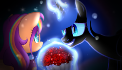 Size: 1024x589 | Tagged: safe, artist:diniarvegafinahar, imported from derpibooru, nightmare moon, sunny starscout, alicorn, earth pony, pony, bouquet, bouquet of flowers, duo, duo female, female, flower, g4, g5, g5 to g4, generation leap, looking at each other, looking at someone, magic, mare, smiling, telekinesis