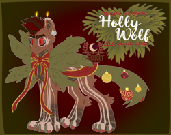 Size: 2402x1906 | Tagged: safe, artist:medkit, imported from derpibooru, oc, oc only, oc:airo, earth pony, hybrid, original species, pony, wolf, accessory, adoptable, big eyes, bow, branches, candle, chest fluff, christmas, christmas ball, christmas tree, christmas tree toys, claws, coat markings, colored lineart, colored paws, digital art, ear fluff, ear piercing, earring, earth pony oc, eyebrows, eyes open, facial markings, fir branch, fir tree, fire, fluffy, fur, gradient background, high res, holiday, jewelry, long tail, male, multicolored coat, old art, paw pads, paws, piercing, ponified, red eyes, reference sheet, ribbon, short mane, signature, slit pupils, smiling, solo, stallion, standing, striped, tail, thick eyebrows, title, tree, two toned mane, wall of tags, wick