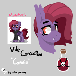 Size: 1500x1500 | Tagged: safe, artist:myahster, imported from derpibooru, oc, oc only, oc:vileconcoction, bat pony, pony, pony town, bust, chest fluff, cutie mark, ear fluff, fangs, potion, reference sheet