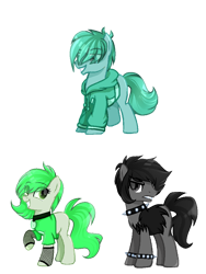 Size: 768x1024 | Tagged: safe, artist:diniarvegafinahar, imported from derpibooru, part of a set, earth pony, pony, alphabet lore, angry, choker, clothes, collar, d, e, f, female, jacket, male, mare, raised hoof, rule 63, simple background, smiling, spiked choker, spiked wristband, stallion, transparent background, trio, wristband