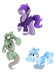 Size: 1631x2174 | Tagged: safe, artist:diniarvegafinahar, imported from derpibooru, part of a set, earth pony, ghost, ghost pony, pony, unicorn, alphabet lore, bow, clothes, female, g, h, i, looking at you, male, mare, open mouth, pigtails, pom pom, raised hoof, rule 63, skirt, stallion, topwear, trio