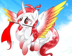 Size: 1508x1187 | Tagged: safe, artist:diniarvegafinahar, imported from derpibooru, oc, oc only, oc:indonisty, alicorn, pony, cloud, colored wings, curved horn, female, flag, gradient hooves, gradient wings, horn, indonesia, mare, mouth hold, nation ponies, ponified, sky, smiling, solo, wings