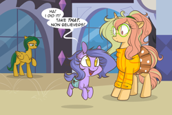 Size: 1280x854 | Tagged: safe, artist:lolepopenon, imported from derpibooru, oc, oc:billie, earth pony, pegasus, pony, unicorn, ask billie the kid, ask, clothes, glasses, skipping, skirt, trio, watch