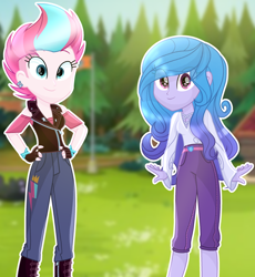 Size: 2664x2892 | Tagged: safe, artist:diniarvegafinahar, imported from derpibooru, izzy moonbow, zipp storm, human, equestria girls, boots, clothes, duo, duo female, ear piercing, earring, equestria girls-ified, female, g5, g5 to equestria girls, generation leap, gradient hair, grass, high res, jewelry, long sleeved shirt, long sleeves, looking at you, pants, piercing, shirt, shoes, tree