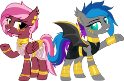 Size: 5161x3357 | Tagged: safe, artist:bnau, derpibooru exclusive, imported from derpibooru, oc, oc only, oc:lyssa, oc:zeny, bat pony, pegasus, pony, ankh, anklet, armlet, base used, bracelet, bracer, clothes, collar, cute, cute little fangs, dress, duo, duo female, ear fluff, ear piercing, egyptian, egyptian pony, eye of horus, face paint, fangs, female, gold, jewelry, mare, necklace, peytral, piercing, raised hoof, see-through, show accurate, siblings, simple background, sisters, spread wings, transparent background, wing jewelry, wings