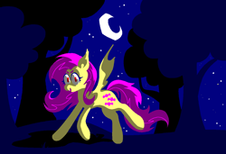 Size: 1296x886 | Tagged: safe, artist:msponies, imported from derpibooru, fluttershy, bat pony, pony, bat ponified, crescent moon, fangs, female, flutterbat, g4, looking at you, mare, moon, ms paint, night, open mouth, open smile, outdoors, race swap, smiling, solo, spread wings, starry night, tree, wings