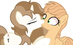 Size: 922x576 | Tagged: artist needed, safe, imported from derpibooru, oc, oc:calamityy, oc:fluffymarsh, pegasus, pony, unicorn, base used, brown mane, cute, eyes closed, female, food, green eyes, kiss on the lips, kissing, lesbian, making out, mare, marshmallow, oc x oc, shipping, show accurate, simple background, surprise kiss, surprised