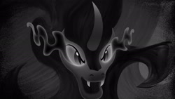 Size: 2489x1400 | Tagged: safe, alternate version, artist:crystalightx, derpibooru exclusive, imported from derpibooru, king sombra, pony, umbrum, unicorn, black and white, fangs, glowing, glowing eyes, grayscale, horn, male, monochrome, shadow, solo