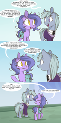 Size: 1280x2562 | Tagged: safe, artist:lolepopenon, imported from derpibooru, oc, oc:billie, oc:blue strings, earth pony, pony, ask billie the kid, ask, bag, clothes, comic, duo, saddle bag, school uniform
