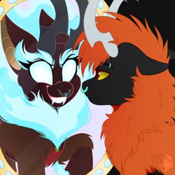 Size: 1280x1280 | Tagged: safe, artist:sparkplugthefox, imported from derpibooru, oc, kirin, nirik, black background, blue fire, blue mane, chest fluff, ear fluff, evil grin, fangs, fluffy, grin, leg fluff, looking at each other, looking at someone, sharp teeth, simple background, smiling, teeth, tired, white eyes