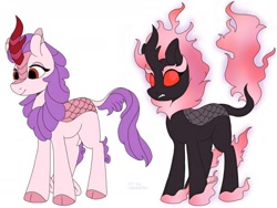 Size: 1280x960 | Tagged: safe, artist:smallhorses, imported from derpibooru, oc, kirin, nirik, burning, chest fluff, cloven hooves, fire, fluffy, kirin oc, mane of fire, purple mane, red eyes, red eyes take warning, scales, sharp teeth, simple background, smiling, tail, tail of fire, teeth, white background
