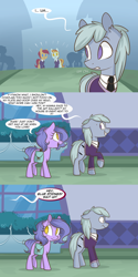 Size: 1280x2562 | Tagged: safe, artist:lolepopenon, imported from derpibooru, oc, oc:billie, oc:blue strings, earth pony, pony, ask billie the kid, ask, bag, clothes, comic, duo focus, saddle bag, school uniform