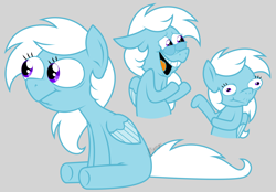 Size: 1872x1300 | Tagged: safe, artist:feather_bloom, imported from derpibooru, oc, oc:feather_bloom, pegasus, pony, .mov, derp, gray background, pony oc, silly, simple background, sitting, solo, style emulation, wide eyes
