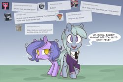 Size: 1280x854 | Tagged: safe, artist:lolepopenon, imported from derpibooru, oc, oc:billie, oc:blue strings, earth pony, pony, ask billie the kid, ask, bag, clothes, duo, saddle bag, school uniform
