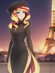 Size: 1020x1360 | Tagged: safe, imported from derpibooru, sunset shimmer, human, ai assisted, ai content, ai generated, beautiful, beret, black clothes, black dress, breasts, busty sunset shimmer, clothes, dress, eiffel tower, fence, full body, generator:novelai, generator:stable diffusion, hat, humanized, lights, long sleeves, looking at you, night, paris, prompter:sammykun, sexy, turtleneck