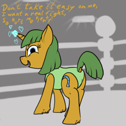 Size: 600x600 | Tagged: safe, artist:thebathwaterhero, imported from derpibooru, oc, oc only, oc:heel, pony, unicorn, cyoa:semantic error, arena, butt, clothes, dock, fight, fighter, horn, leotard, plot, tail, unicorn oc