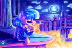 Size: 3600x2400 | Tagged: safe, artist:mannybcadavera, imported from derpibooru, coco pommel, earth pony, pony, city, cloud, eyes closed, moon, night, scenery, signature, solo