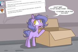 Size: 1280x854 | Tagged: safe, artist:lolepopenon, imported from derpibooru, oc, oc:billie, earth pony, pony, ask billie the kid, ask, box, solo