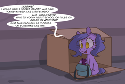 Size: 1280x854 | Tagged: safe, artist:lolepopenon, imported from derpibooru, oc, oc:billie, earth pony, pony, ask billie the kid, ask, bag, box, plushie, saddle bag, solo