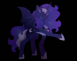 Size: 1080x859 | Tagged: safe, alternate version, artist:mmichelleartss, imported from derpibooru, princess luna, alicorn, pony, bat wings, black background, eyes closed, horn, horn jewelry, jewelry, raised hoof, simple background, solo, wings