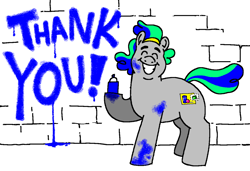 Size: 1280x875 | Tagged: safe, artist:msponies, imported from derpibooru, oc, oc only, oc:pixel bliss, earth pony, pony, brick wall, eyes closed, grin, happy, male, ms paint, raised hoof, smiling, spray can, spray paint, stain, stallion, tail, thank you