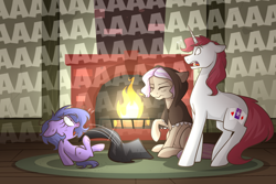 Size: 1280x854 | Tagged: safe, artist:lolepopenon, imported from derpibooru, oc, oc:billie, oc:gimmick, oc:needlework, earth pony, pony, unicorn, ask billie the kid, aaaaaaaaaa, ask, comic, fireplace, trio