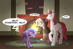 Size: 1280x854 | Tagged: safe, artist:lolepopenon, imported from derpibooru, oc, oc:billie, oc:gimmick, oc:needlework, earth pony, pony, unicorn, ask billie the kid, ask, comic, fireplace, trio