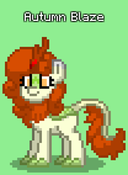 Size: 624x852 | Tagged: safe, imported from derpibooru, autumn blaze, kirin, pony, pony town, cloven hooves, green background, looking left, pixel art, simple background, solo