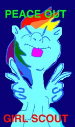 Size: 354x604 | Tagged: safe, artist:msponies, imported from derpibooru, rainbow dash, pegasus, pony, blue background, eyes closed, feather fingers, female, g4, mare, ms paint, peace sign, simple background, solo, spread wings, tongue out, wing hands, wings