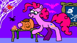 Size: 960x540 | Tagged: safe, artist:msponies, imported from derpibooru, pinkie pie, bat, earth pony, pony, spider, female, g4, halloween, holiday, jack-o-lantern, knife, looking down, mare, ms paint, picture frame, pumpkin, smiling, spider web, table, tail
