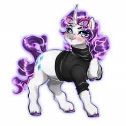 Size: 2048x2048 | Tagged: safe, artist:shinysolaria, imported from derpibooru, pony, unicorn, clothes, glasses, raised hoof, rarity's glasses, redesign, simple background, solo, turtleneck, white background