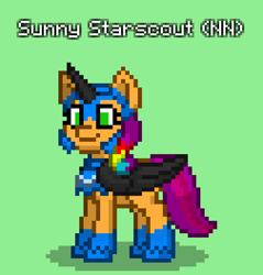 Size: 756x792 | Tagged: safe, imported from derpibooru, nightmare moon, sunny starscout, earth pony, pony, pony town, clothes, cosplay, costume, g5, green background, mane stripe sunny, my little pony: tell your tale, nightmare moon armor, nightmare night, nightmare night costume, nightmare sunny, simple background, solo