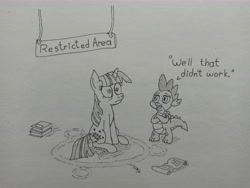 Size: 9248x6936 | Tagged: safe, artist:anxiouspon, imported from derpibooru, spike, twilight sparkle, pony, fanfic:hard reset, fanfic art, thousand yard stare, traditional art