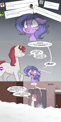 Size: 1280x2562 | Tagged: safe, artist:lolepopenon, imported from derpibooru, oc, oc:billie, oc:gimmick, earth pony, pony, unicorn, ask billie the kid, ask, comic, duo, snow